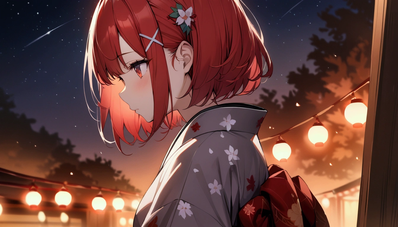 short hair, (Red hair:1.2), x Hair ornament, Red eyes,girl,One person,kimono, Highest quality, masterpiece, High resolution,night、Japan、Japanese style、Starry Sky、