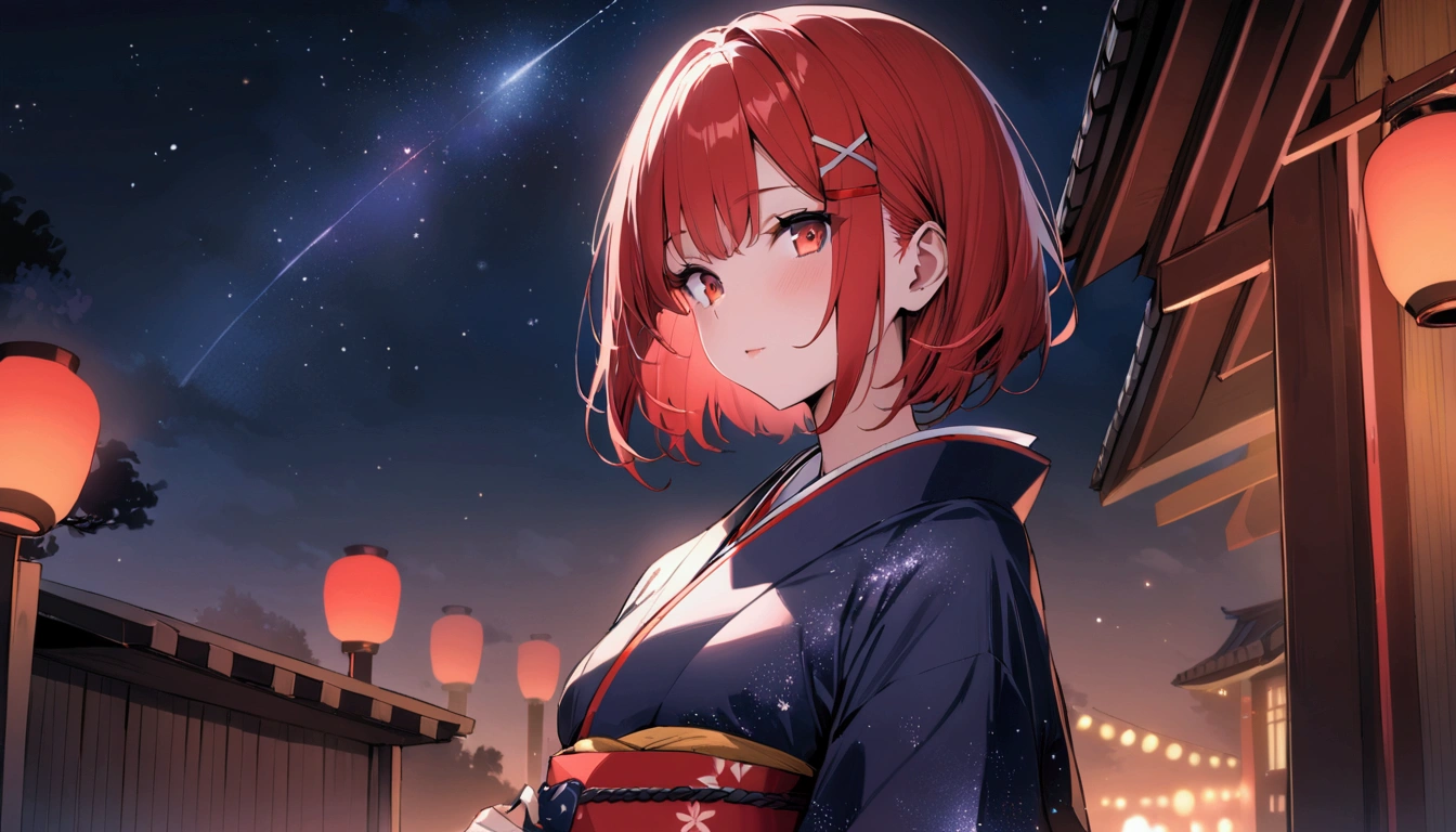 short hair, (Red hair:1.2), x Hair ornament, Red eyes,girl,One person,kimono, Highest quality, masterpiece, High resolution,night、Japan、Japanese style、Starry Sky、