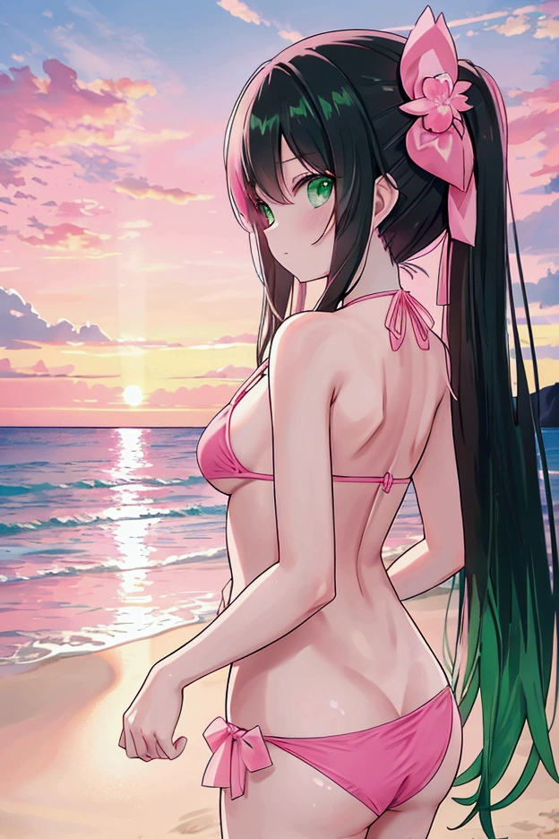 Highest quality,Unity 8k wallpaper,1peopleの女の子,１people,,Glamorous Body,cute,Emerald green eyes,Black Hair,long hair,(((pink bikini 1.3/))),Whole body,Back view,((Watching the sunset)),3D rendering style,Sunset on the horizon,Sandy Beach,Water&#39;s Edge,Beach Resort,