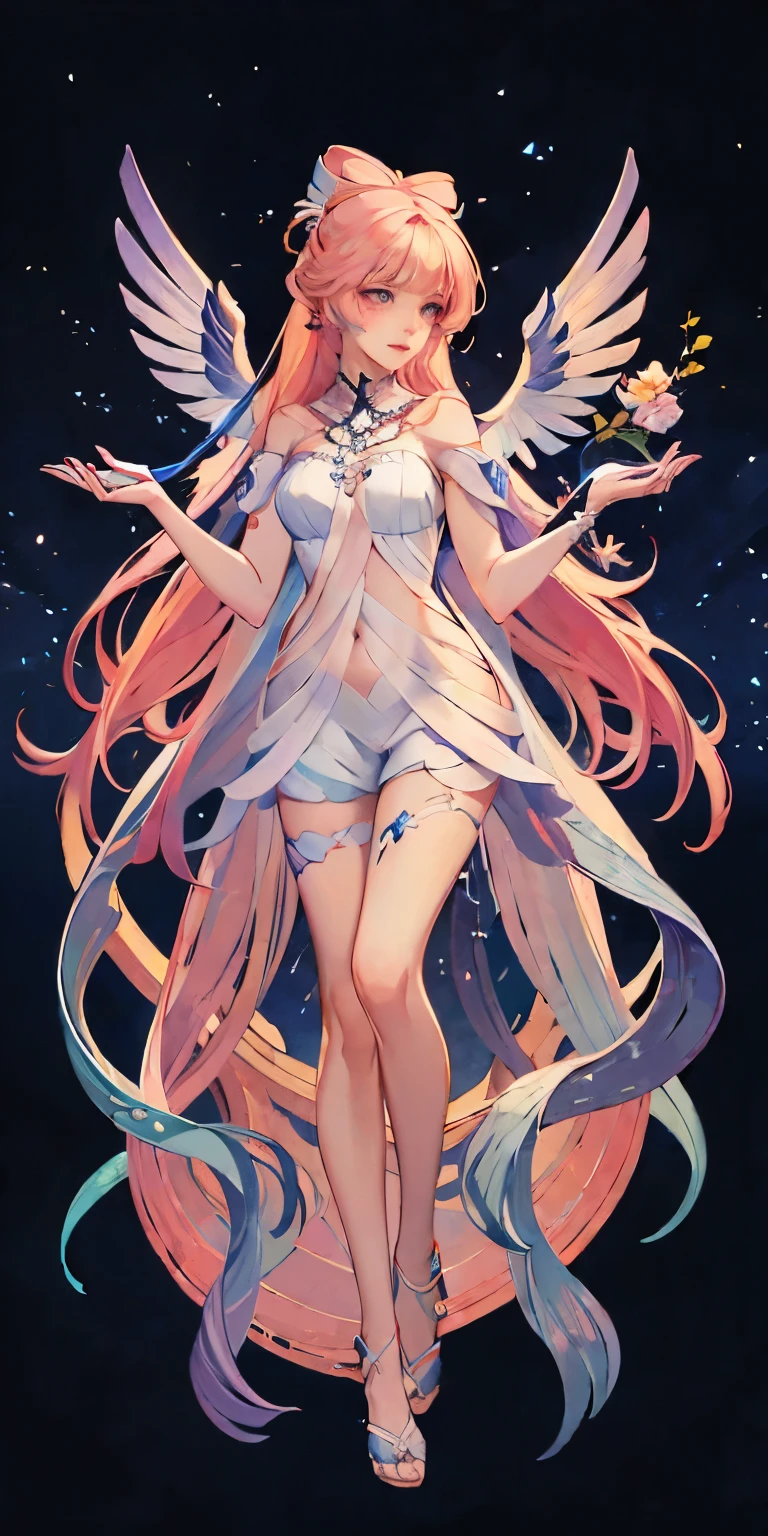 Full body painting，Detailed full body portrait，(Girl looking up at the starry sky), Angelic, Angelic, (Angel Wings), White Dress，Mandy Jurgens (Mandy Jurgens) Realistic paintings created, , Figurative Art, A detailed description, Realistically, A work of art, contour， View from the side， Simple background

