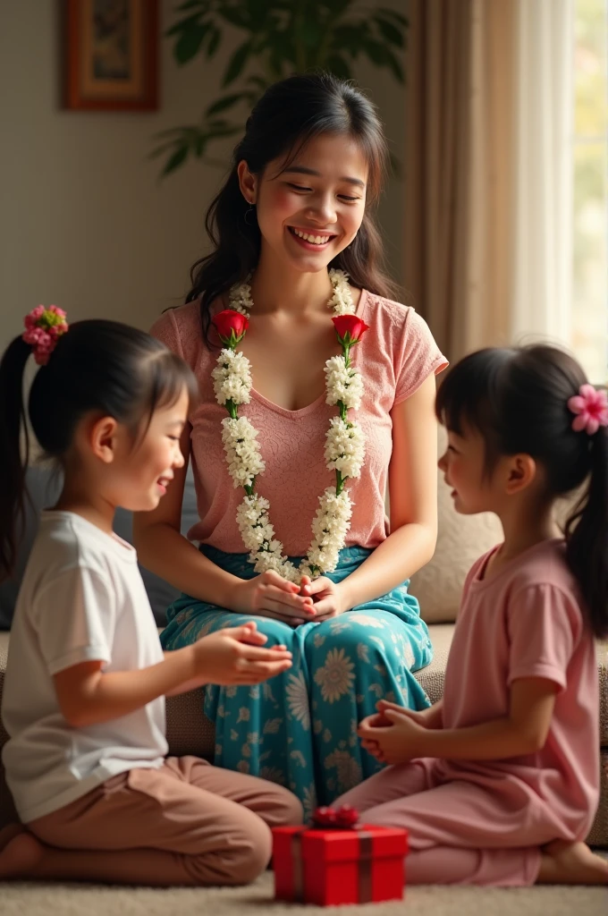 Create a picture of a 40-year-old woman sitting on a sofa in the house, dressed in a pink lace shirt, a blue Thai-patterned sarong, smiling and having tears flowing from her eyes with happiness. There is a -yeld sond a 5-year-old hter,th of whom are holding garlands of white flowers and red roses at the ends of the garlands, bowing down at the feet of the mother. ,Beautifully strung garlands,There is a small red gift box placed next to me.,The picture shows the mother&#39;s love for her child. The atmosphere is filled with the love between mother and child.,photorealistic,Resolution 32k