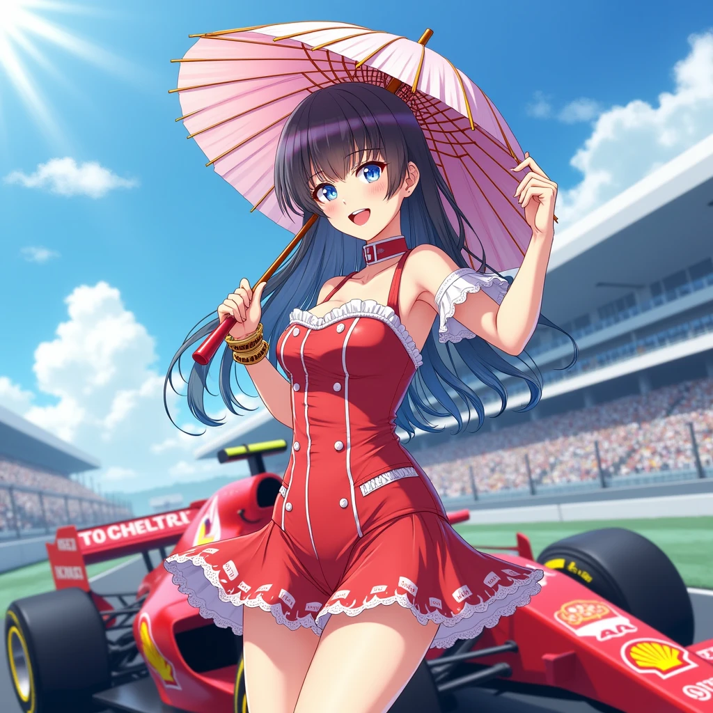 F1 Race Circuit。One young Japanese race queen。Standing with a parasol in front of a race car。The costume you&#39;re wearing、separate。I have a bangle on my arm。Background、Sparkling in the summer sun。Anime Style。Looking from afar。Beautiful legs are attractive。whole body。