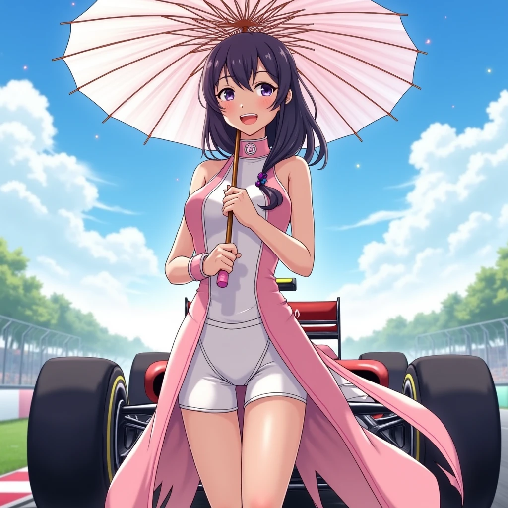 F1 Race Circuit。One young Japanese race queen。Standing with a parasol in front of a race car。The costume you&#39;re wearing、separate。I have a bangle on my arm。Background、Sparkling in the summer sun。Anime Style。Looking from afar。Beautiful legs are attractive。whole body。