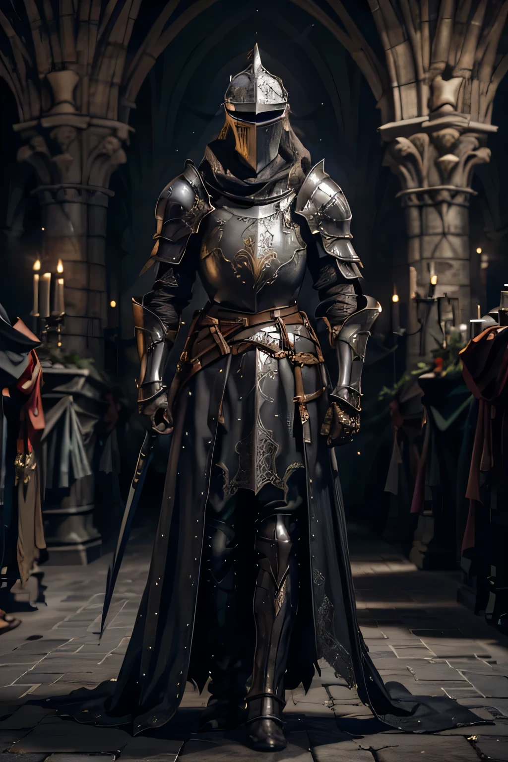 A lone female knight in dark steel armor kneels on the cold, stone ground of an ancient cathedral, the light of a single candle reflecting off her helmet. Her armor is heavily worn, with a broken crown resting atop her head. In both hands, she clutches a slender, elegant sword with a glowing, ethereal blade, its light casting eerie shadows on the cathedral walls. Her once-glorious white cloak is now tattered and soaked in the blood of her enemies. Outside, the night sky is shrouded in clouds, with only a faint glow of the moon breaking through. The atmosphere is one of despair and quiet resolve, with the gothic, detailed style of Dark Souls highlighting the knight's inner strength.