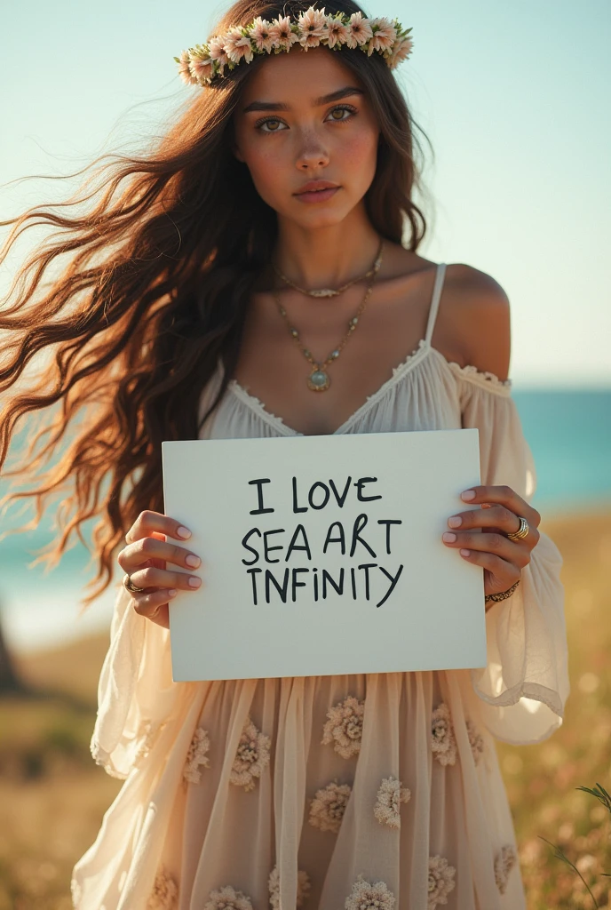 Beautiful girl with wavy long hair, bohemian dress, holding a white board with text "I Love Seaart Infinity" and showing it to the viewer