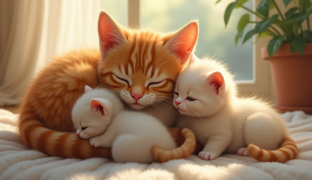 cute kittens purr and cuddling her mother cat.