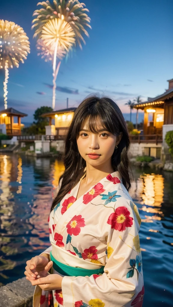 Masterpiece, best quality, ultra high resolution, hyper realistic, realistic, (photorealistic:1.4), masterpiece of analog film photograph a girl, long black hair, blunt bangs, taken by Hideaki Hamada using Pentax 67II and Kodak Portra, medium shot, looking to viewer, standing by a riverside at night, watching fireworks, She is dressed in a traditional, elegant yukata with a floral pattern and an obi sash, The background shows colorful fireworks lighting up the night sky, reflections on the water, and people in the background enjoying the festival, High-resolution, realistic depiction, with a touch of elegance and allure, anatomically correct