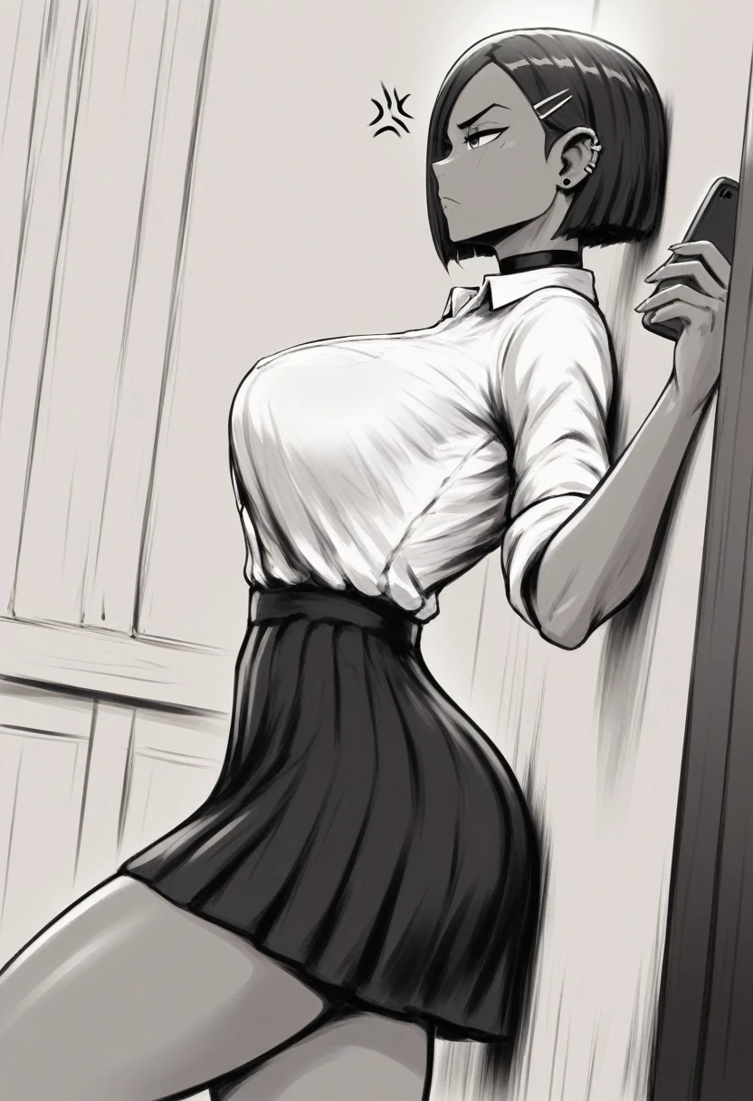 Monochrome, slightly dark skin, skirt, Japanese high school skirt, tight dress shirt, inverted bob hairstyle, light color hair exterior, dark color hair interior, soft face, feminine face, ((side view image pov side view, side view)), big breasts, Wide hips, big ass, black choker, slightly annoyed expression, (laying against a wall, resting back on wall, back against indoor school wall, subject’s back is resting on wall), crisscross hair clip on left side of hair, subject is looking at phone in right hand, black ear piercings, detailed, masterpiece, 8k image, beautifully detailed,