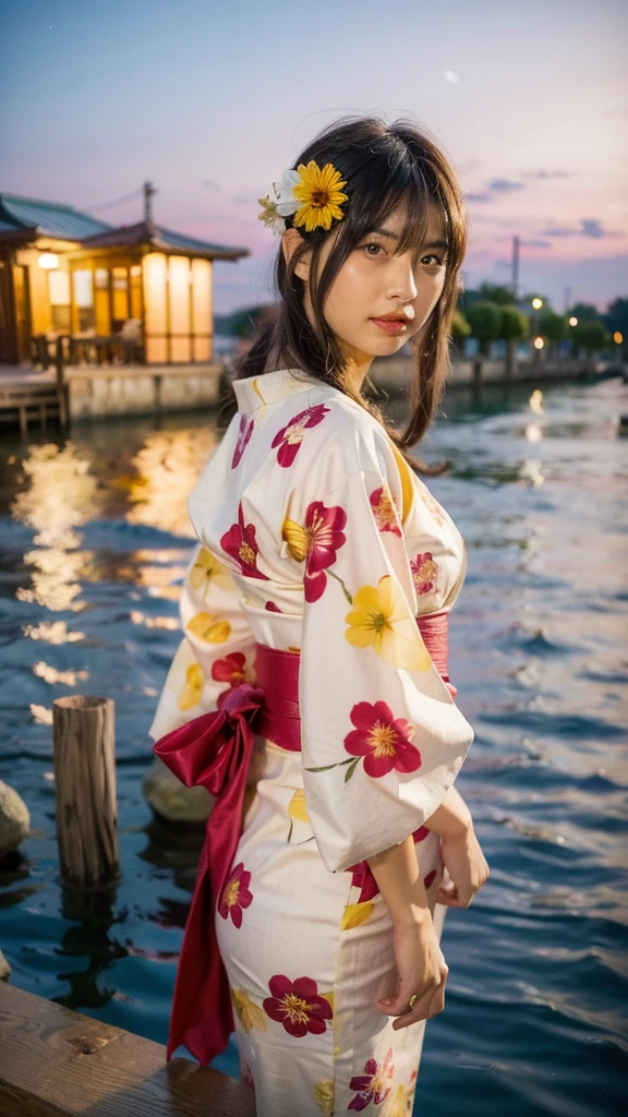 Masterpiece, best quality, ultra high resolution, hyper realistic, realistic, (photorealistic:1.4), masterpiece of analog film photograph a girl, long black hair, blunt bangs, taken by Hideaki Hamada using Pentax 67II and Kodak Portra, cowboy shot, looking to viewer, standing by a riverside at night, watching fireworks, She is dressed in a traditional, elegant yukata with a floral pattern and an obi sash, The background shows colorful fireworks lighting up the night sky, reflections on the water, and people in the background enjoying the festival, High-resolution, realistic depiction, with a touch of elegance and allure, anatomically correct