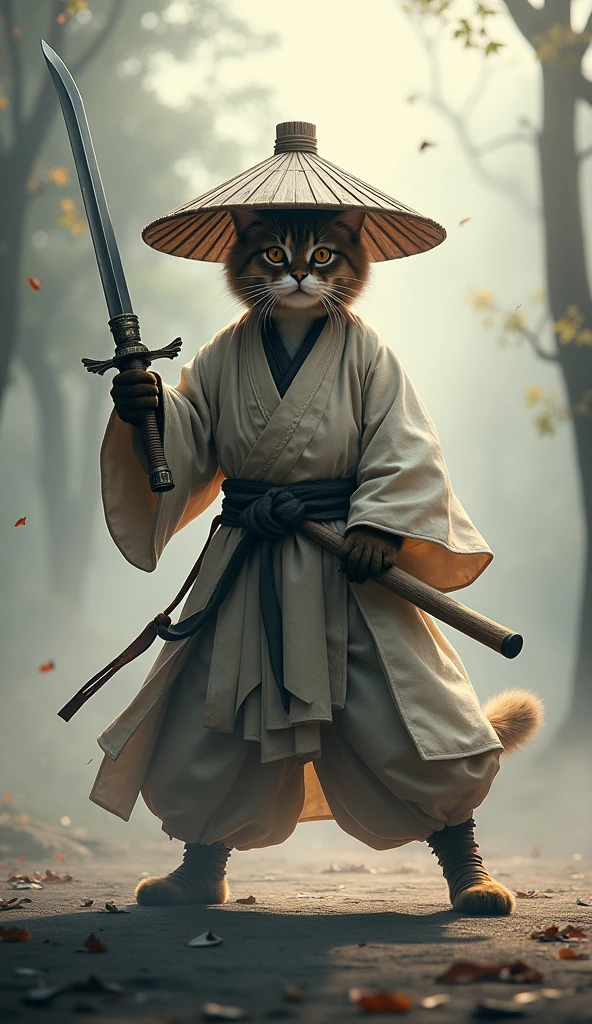 Create an image of a cat standing upright in traditional East Asian attire, wearing a wide bamboo hat on the head, wielding a sword with its right paw extended forward in an assertive stance ( walking posture ), set against a misty backdrop to convey an atmosphere of ancient martial arts mastery.