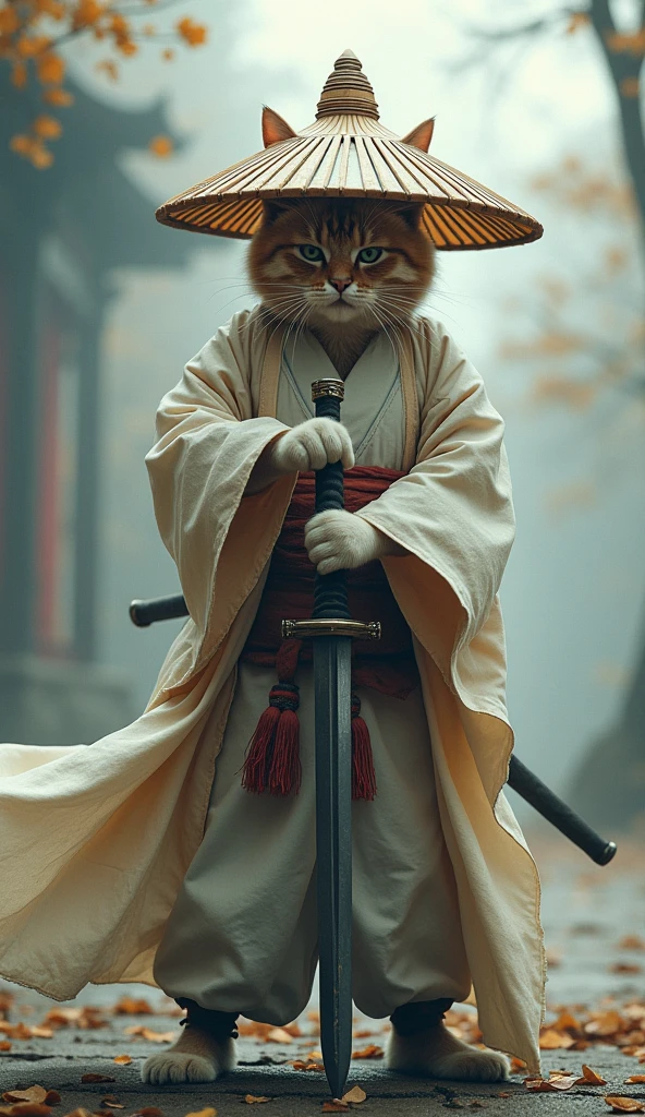 Create an image of a cat standing upright in traditional East Asian attire, wearing a wide bamboo hat on the head, wielding a sword with its right paw extended forward in an assertive stance ( walking posture ), set against a misty backdrop to convey an atmosphere of ancient martial arts mastery.