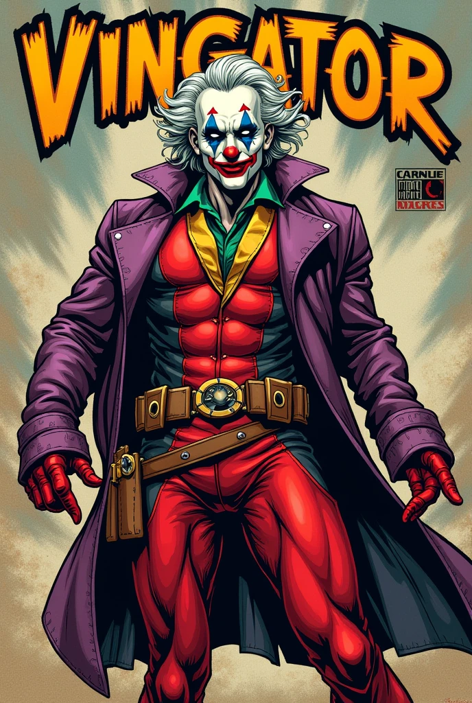 Old style marvel comic book cover ,with a character with clothes deadpool jumpsuit joker jacket face with clown makeup white hair, with title of "vingator"