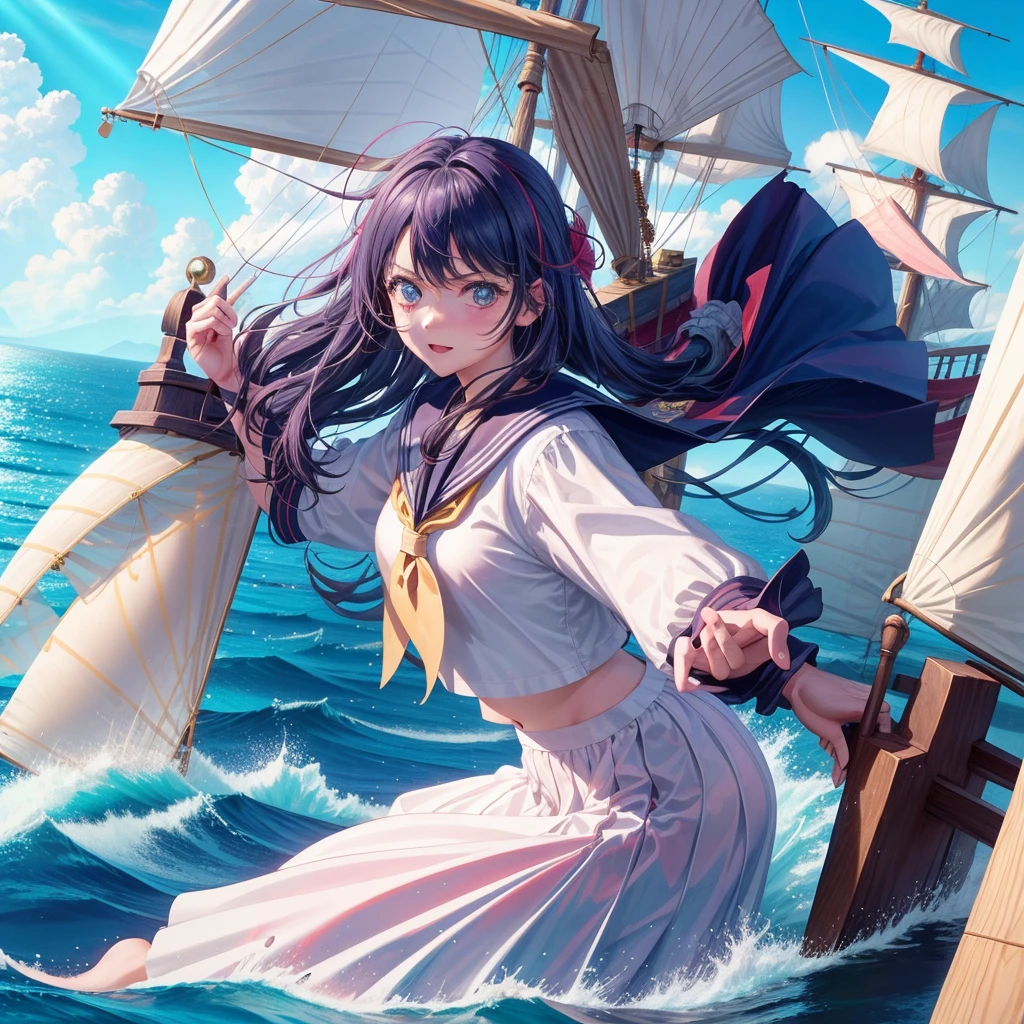 One Girl（８age）, pirate, Highest quality、Cinema Lighting、Sailor suit、Long skirt、 sailboat（Galleon）On the mast、White panties,