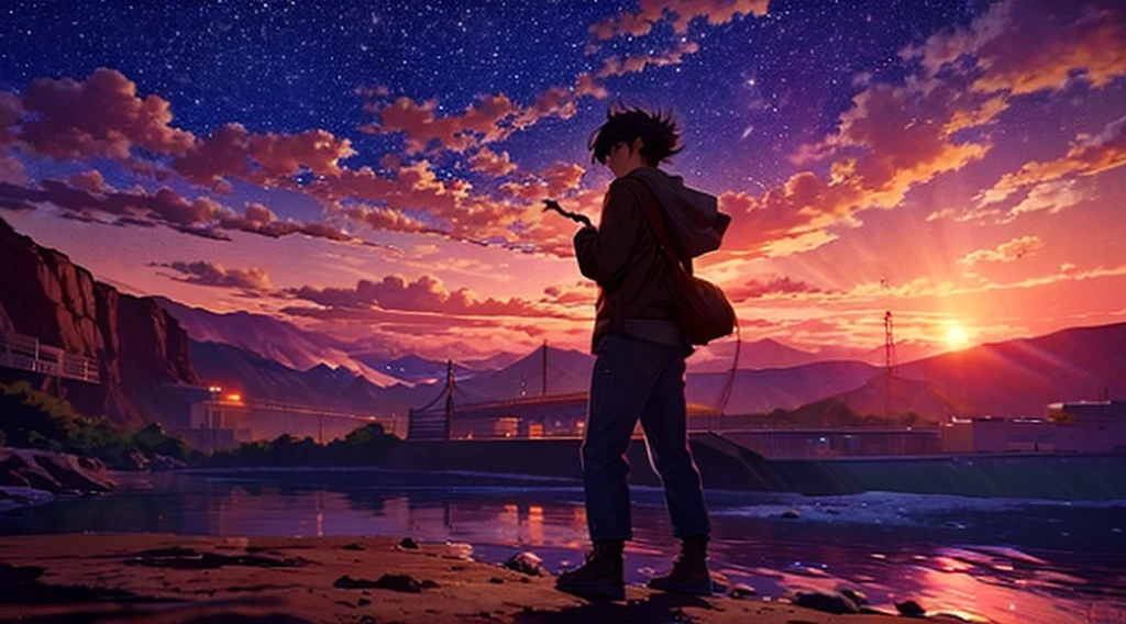 Epic anime-style battle scene in 4K quality, inspired by Makoto Shinkai's cinematic style. The scene captures dynamic characters mid-combat, with dramatic poses and intense expressions, set against a tranquil background of a sunset over a serene lake. The sky is painted in warm hues of orange and pink, with mountains silhouetted in the distance. Despite the intensity of the battle, the overall atmosphere remains calm and reflective, with soft, warm lighting and twinkling stars in the sky, blending the action of the fight with the soothing aesthetic of lofi