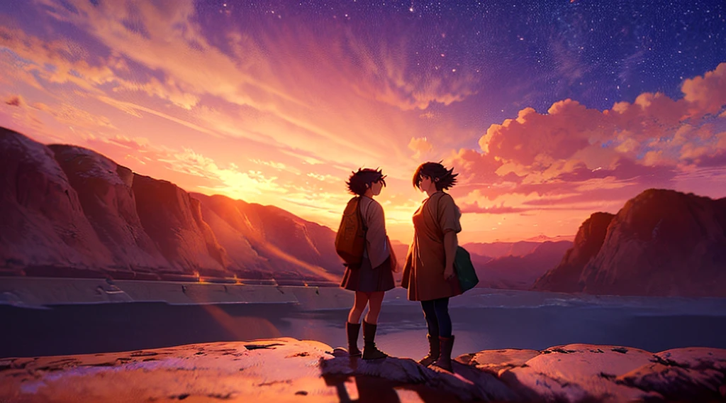 Epic anime-style battle scene in 4K quality, inspired by Makoto Shinkai's cinematic style. The scene captures dynamic characters mid-combat, with dramatic poses and intense expressions, set against a tranquil background of a sunset over a serene lake. The sky is painted in warm hues of orange and pink, with mountains silhouetted in the distance. Despite the intensity of the battle, the overall atmosphere remains calm and reflective, with soft, warm lighting and twinkling stars in the sky, blending the action of the fight with the soothing aesthetic of lofi