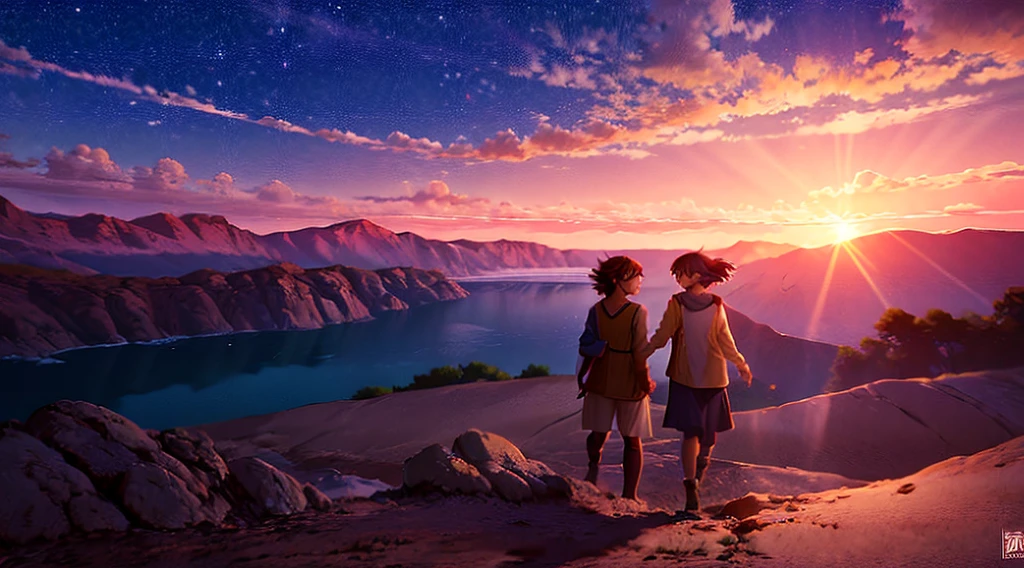 Epic anime-style battle scene in 4K quality, inspired by Makoto Shinkai's cinematic style. The scene captures dynamic characters mid-combat, with dramatic poses and intense expressions, set against a tranquil background of a sunset over a serene lake. The sky is painted in warm hues of orange and pink, with mountains silhouetted in the distance. Despite the intensity of the battle, the overall atmosphere remains calm and reflective, with soft, warm lighting and ling stars in the sky, blending the action of the fight with the soothing aesthetic of lofi
