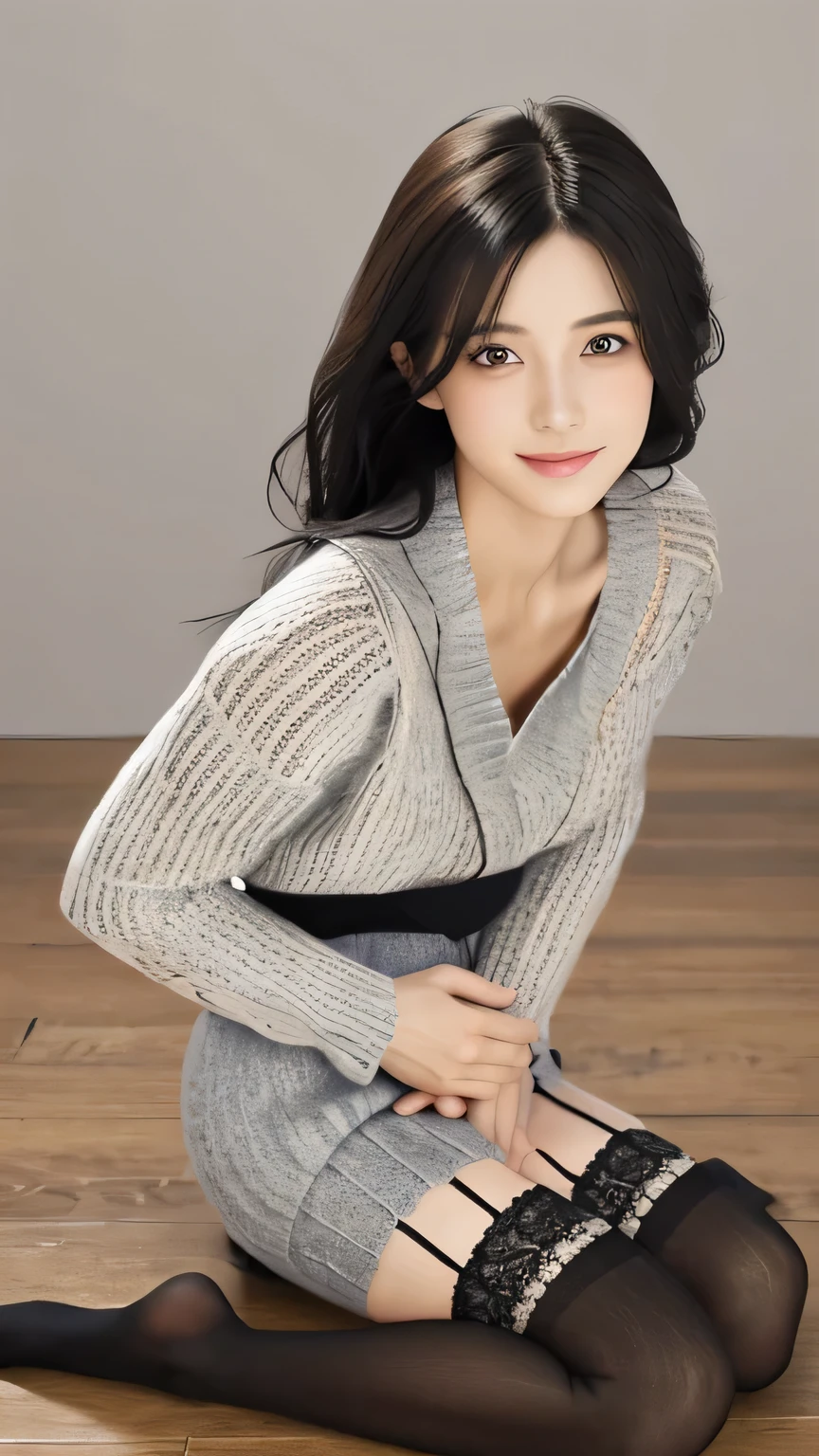 Non-NSFW、Real、Highest quality、Highest quality、masterpiece、Ultra-high resolution、RAW Photos、Real、Bright lighting、Face Light、Smooth Professional Lighting、Looking into the camera、alone、Adult women、Beautiful woman、Super Beauty、Realな肌、Moisturized Skin、Realな目と顔、Perfect model body、Beautiful Eyes、Big eyes、Inconspicuous tear bags、slim、No bra、Beautiful fingers、Very long hair、Beautiful, saturated photography by Emily Soto, clavicle, (mature:1.3), Highest quality, Humidity, attractive,skinny, smile, no_panties, Large Breasts, (masterpiece),(Highest quality), Nipples, ((photoRealistic)), (rain black hair), (Waist-length hair:1.5), Small Ass, Gray background, lips, Realistic, Königsreuter, (Cropped knit sweater:1.5), (Garter Stockings:1.2), (from above:1.1), (looking back1.6)