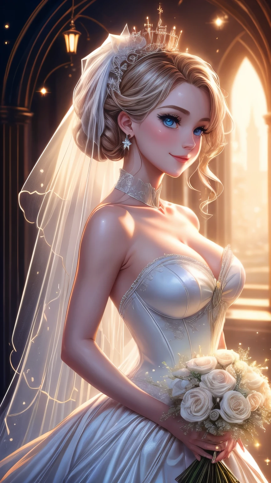 8k resolution, masterpiece, Highest quality, Award-winning works, unrealistic, Anatomically accurate skeleton, sole sexy lady, doaxvv_amy, healthy shaped body, 18-year-old, height: 158cm, Her size is B/W55/H88, Blonde long hair, Twin ponytail, break, Mysterious big blue eyes, Standard nose, eyeliner, Pink Lips,  hair band, Super huge swaying bust, sexy, Beautiful Skin, A pure white school dress with a complex structure, royal coat of arms, elegant, Very detailed, Digital Painting, artステーションコンセプトart, Smooth, Sharp focus, shape, artジャム、Greg Rutkowski、Alphonse Mucha、William Adolphe Bouguereau、art：Stephanie Law , Royal Jewel, nature, Full Shot, Symmetric, Greg Rutkowski, Charlie Bowwater, beep, Unreal 5, Surreal, Dynamic Lighting, ファンタジーart, Complex colors, Colorful magic circle, flash, dynamic sexy poses, A kind smile, Mysterious Background, aura, A gentle gaze, break, Small faint lights and flying fireflies, night, lanthanum, (Cinderella Castle, Outdoor, bride, Holding a gorgeous bouquet:1.3)