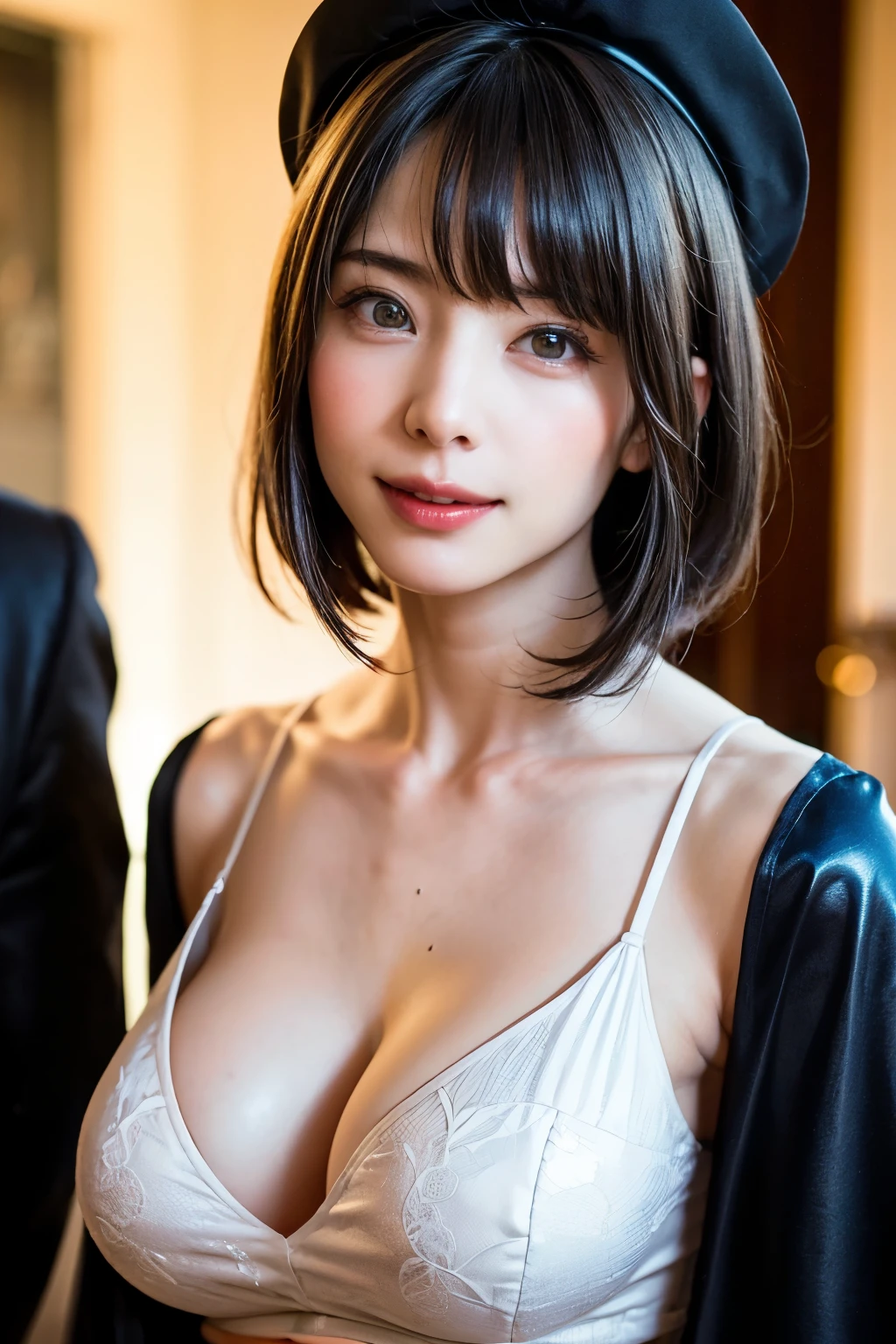 (masterpiece, Highest quality),One Girl, solo, Black-haired, hat, Realistic, Realistic, Looking at the audience, Light-coloured black eyes, Short brunette bob hair, Blue coat,, Glossy lips, Bans, Plein Air, Upper body、Big eyes、Beautiful view of sparkling snow lassi))、(((Short bob hair with bangs:1.4、Shiny Hair、Bans:1.4、Big eyes、large full chest、Intensely accentuates the eyes、Staring at the audience、Beautiful beauty、Listen carefully、Long neck、Smile a little、smile、Ideal body proportions)))、{huge|big|hugeな|Mega} chest:2, chestの谷間:2、Dignified sexiness