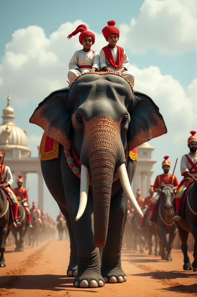 Two young male children aged 7 and 10 wearing red boat shaped turban and white male gown of the 18th century of south Indian Muslim costume sitting on back of a gigantic elephant in a decorated silver Hooda. A old mahooth sitting on the head of the elephant is controlling and coming out of the gates of Srirangapatna. Tipu Sultan's cavalry and camel mounted soldiers are following them as part of the procession. Lord Cornwallis along with his British officers standing out the tent to receive the elephant.
The whole seen is in UHD resolution from the ground level in wide angle