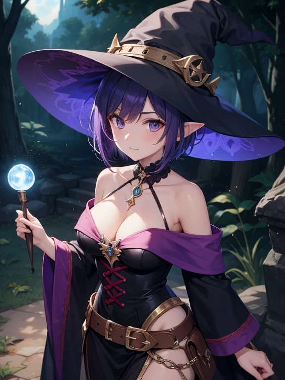 Mulher madura, cabelos castanhos, cabelo castanho curto encaracolado, olhos purple, espetacular, sorriso lascivo, Corou, cena de corpo inteiro, totalmente nu, joias, colares, 鎖骨, witch hat, medium breasts, (Fundo detalhados: floresta, cabana de madeira, Casa de campo velha), pele brilhante, rosto detalhado, olhos detalhados, anatomia perfeita, camelo, bichano a mostra, pubic hair, hairy pubic, virilha inchada, dynamic pose, Approaching perfection, Dynamic, altamente detalhado, (rosto bonito e detalhado, belos olhos detalhados), de frente para o espectador, seductiveexpression,