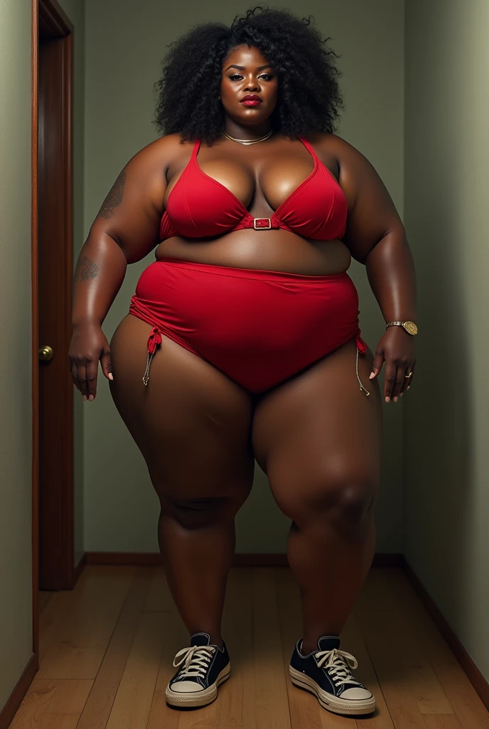 Big ebony muscle gilf wearing red lingerie and sneakers