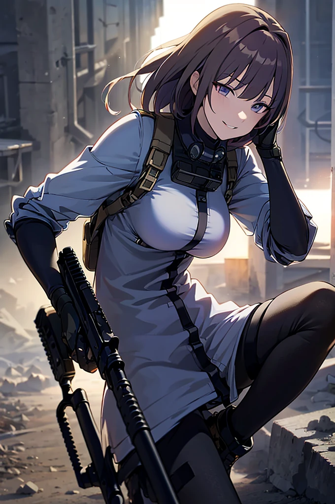 holding_gun, assault_rifle, Very detailed, Brown Hair, Anime Style, whole body, alone, Stylish Gunfighter Girl, Holding a steampunk long barrel pistol,Standing in the wasteland, 8K high resolution, White Background, In the spotlight, The background is a dark and desolate landscape, Horror movie atmosphere. Her figure is very beautiful, Emphasizing the dark and crazy elements. Skillfully expressing the effects of light and shadow