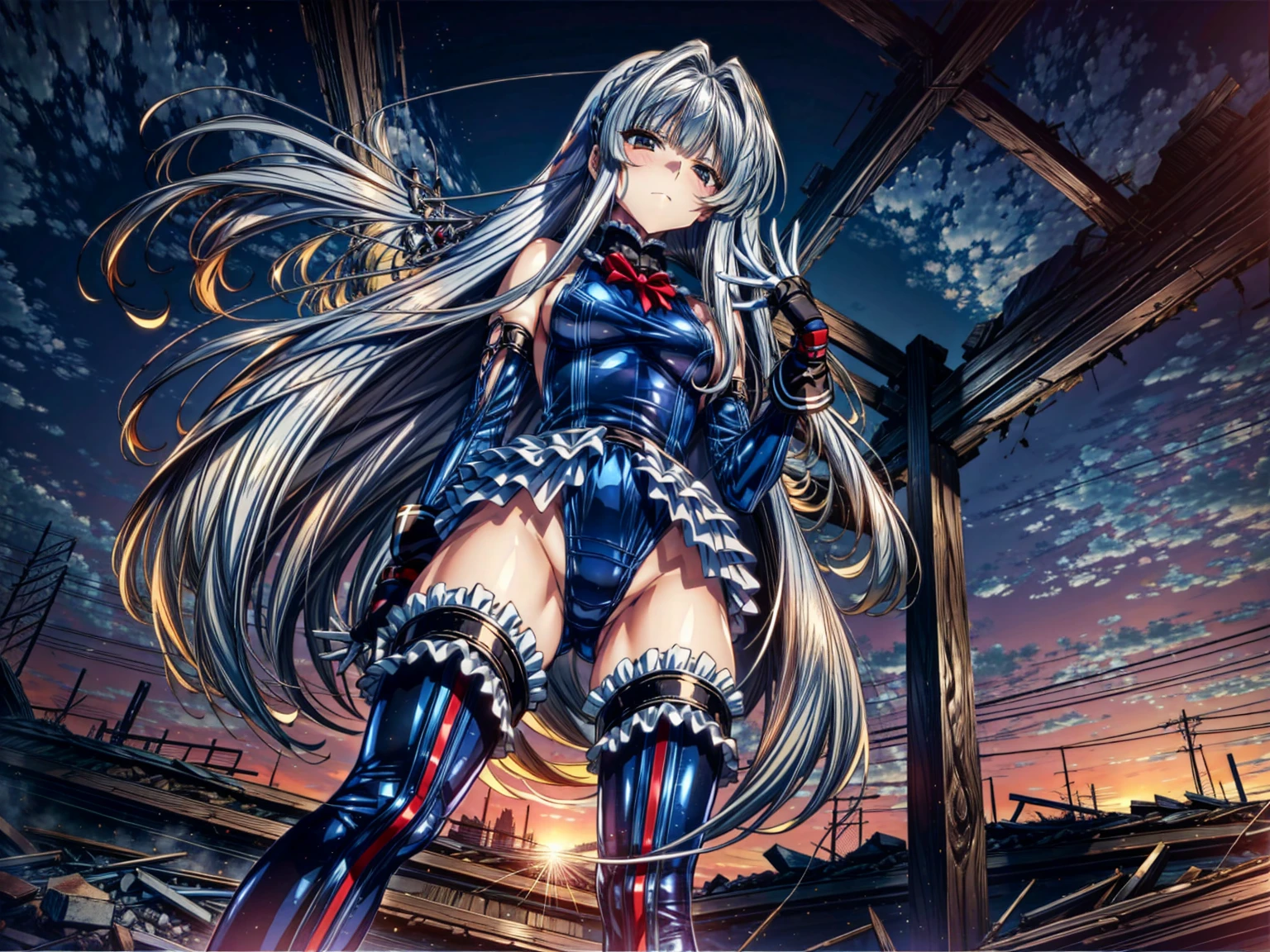 Perfect Anatomy, Highest quality, marirose,,Provocative attitude
,(Dawn greets the sky above the rubble:1.1),(Emotionless,Expressionless:1.4),Anime Style,(Frilled swimsuit, Knee socks, Removed sleeve), (Anime Style:1.4) ,4girls,
Silver Hair,(White fingers:1.1,Black gloves),Very long hair,Evil Aura,(from directly below:1.4),full body