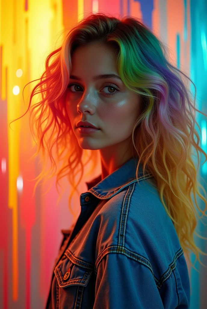 Here is a high-quality, photo-realistic prompt for an 8K wallpaper: Australian girl with vibrant, multicoloured hair stands tall in a dynamic pose against a stunning, caustic-lit background of colourful paint splashes on transparent glass. Her beautiful face and eyes are perfectly rendered, with intricate details and subtle glow. The high-contrast lighting accentuates her features, while the cowboy-inspired composition adds depth and energy to the scene. The image is set against a seamless, ultra-detailed 8K RAW background.