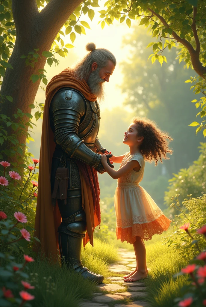 Image of a warrior father,he is standing playing with his daughter in the garden