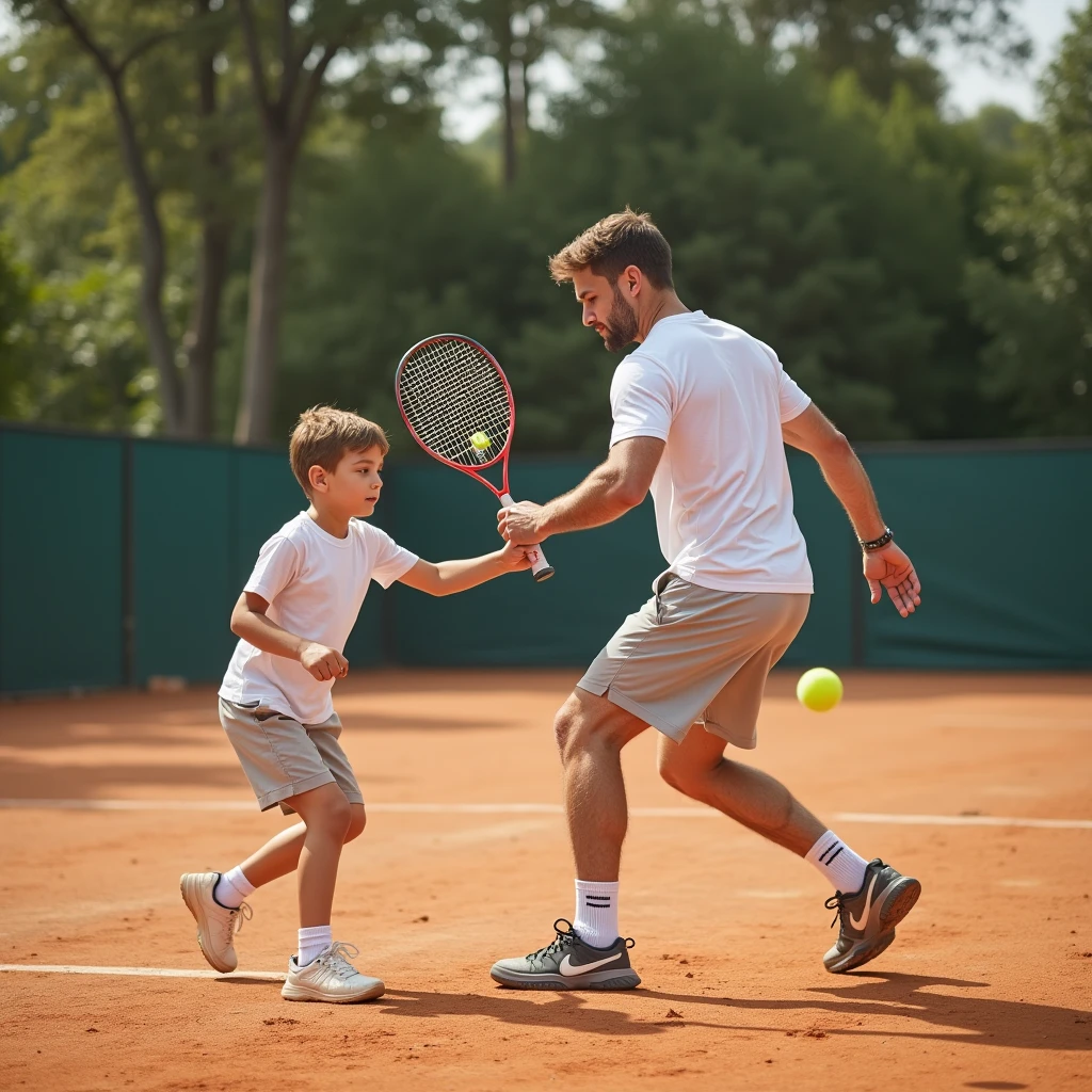 Father and son playing tennis on a dirt court
