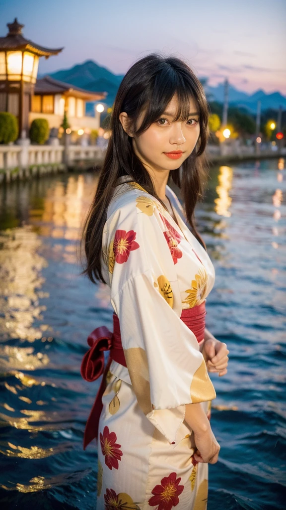 Masterpiece, best quality, ultra high resolution, hyper realistic, realistic, (photorealistic:1.4), masterpiece of analog film photograph a girl, long black hair, blunt bangs, taken by Hideaki Hamada using Pentax 67II and Kodak Portra, medium shot, looking to viewer, standing by a riverside at night, watching fireworks, She is dressed in a traditional, elegant yukata with a floral pattern and an obi sash, The background shows colorful fireworks lighting up the night sky, reflections on the water, and people in the background enjoying the festival, High-resolution, realistic depiction, with a touch of elegance and allure, anatomically correct