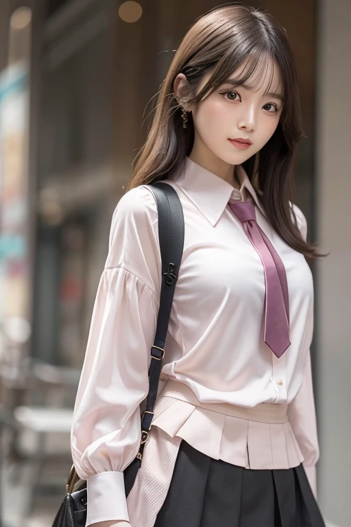 masterpiece,Highest quality,Official Art,Highly detailed CG Unity 8k wallpaper,Like a schoolgirl,Very delicate and beautiful,Ultra-high resolution,(Realistically:1.4),Golden Hour Lighting,(Upper body),(Platinum Short Hair:0.8),(Swollen eyes),View your viewers,Facing forward,smile,JK skirt,Pink Dress,The shirt accentuates his long black hair.