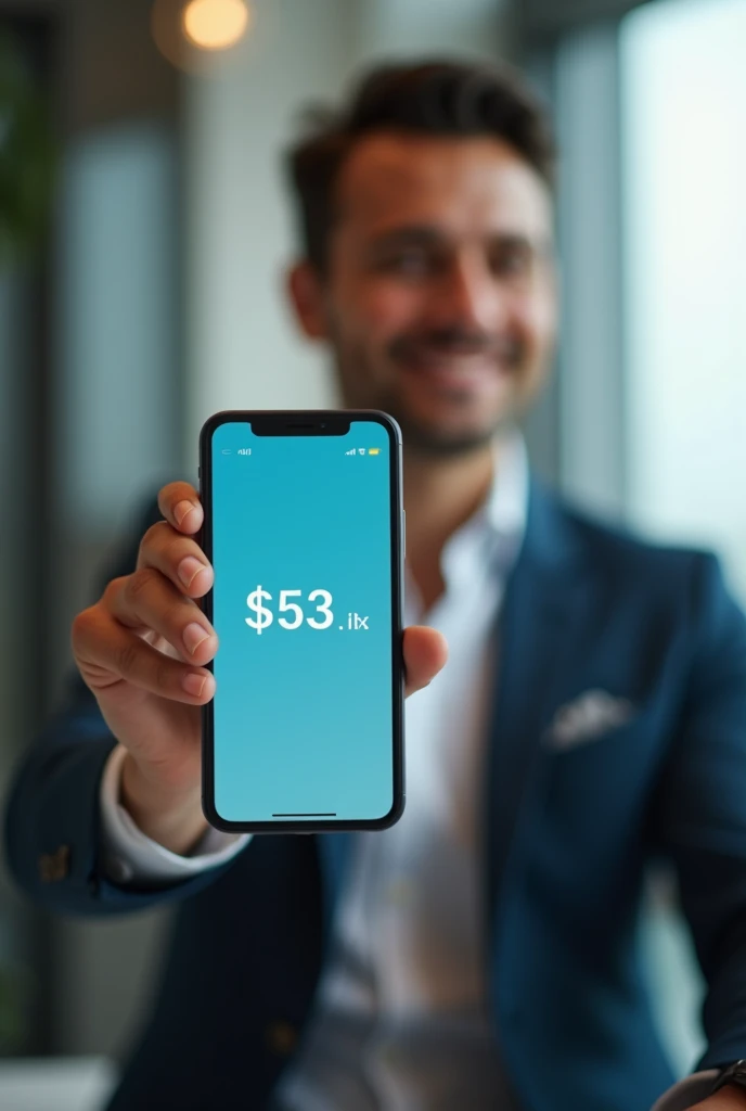 An image for a lending website, with a person with a cell phone in hand showing his bank account with a high value on the cell phone.