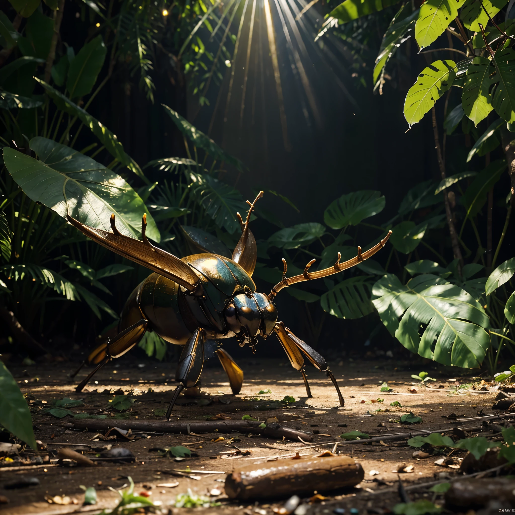 The Thai Stag beetle glass beautiful art golden and blue color full body reflecting sunlight living among the green debris 3D cinematic quality Super realistic HD ultra movie 16k clarity