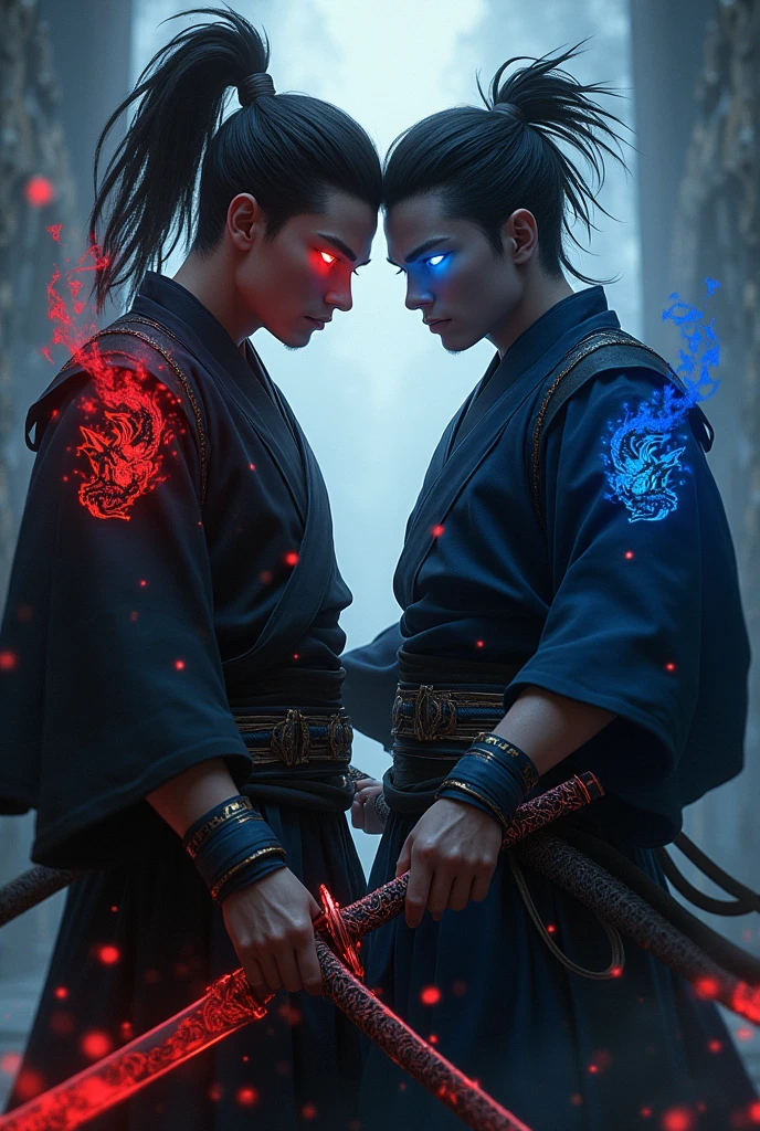 Two male best friend one with red eye and other with deep blue eyes both of theme holding demon katana and they were wearing 
Sinobi dress