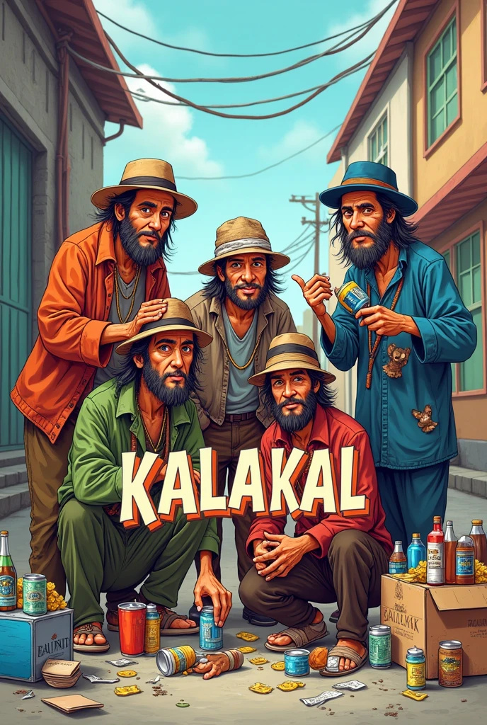 6 handsome beggar attire(cartoon)
Cans, bottle, clothes, box, etc.
Write the word "KALAKAL"