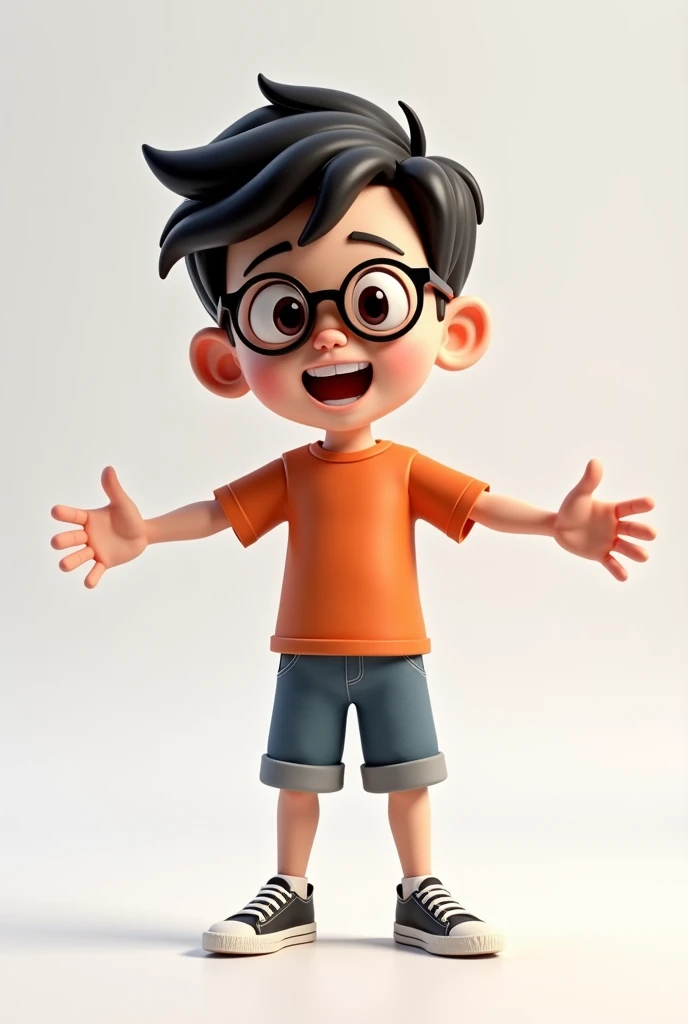 A boy character in a t-pose without backgrounds, with accessories like a glasses, with five finger, both arms are open, mouth open small, 