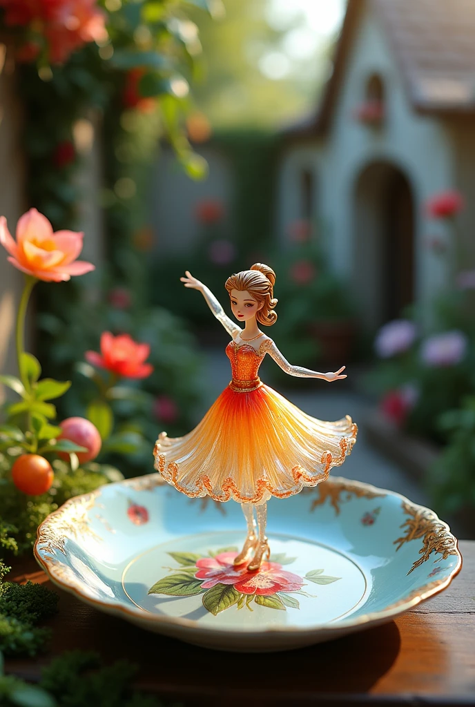 I delicate miniature girl -like figure, fashioned from colour glass, twirling on an intricately painted porcelain plate, set in a quaint, fairy-telegarden with vibrant flowers and ivy- converted walls. The plates ornate design add a touch of elegance, while the garden blooms in a  riot of colors,illuminate by soft, dappled sun light. The figures pose exudes grass enchantments, with reflections of light  playing off the glass to create mesmerizing effect. Created using: fairy-tale aesthetics, closeup photography,vibrant color palette, soft focus,detailed craftsmanship, hd quality nature look-ar 16:9