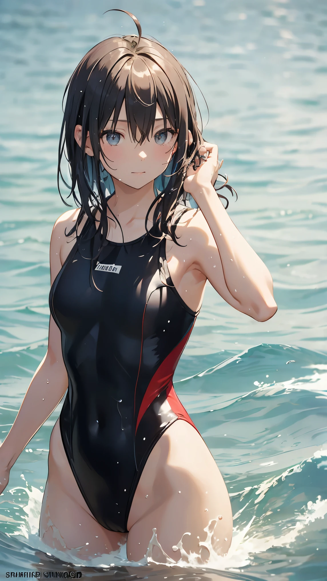 streaked hair, ahoge, wet hair, Impressionism, ray tracing, backlighting, masterpiece, accurate, textured skin, high details, high quality, highres, super detail, 1080P, detailed face, detailed eyes, detailed 5 fingers, Woman swimming in sea, one-piece swimsuit, Splashing water, outdoors, sunny midsummer, cowboy shot