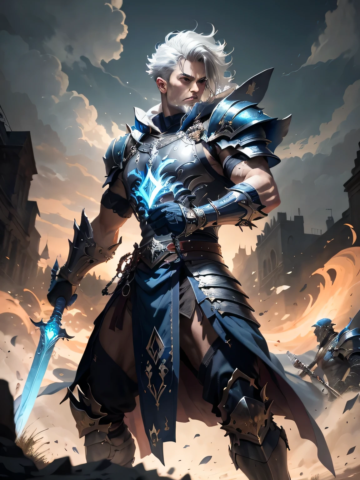 [Core Concept] A powerful and skilled  warrior wielding a large, imposing blue sword.

[Character Description] A formidable warrior wielding a massive blue sword, their short white hair framing a determined, battle-hardened face. The hexblade exudes an aura of strength and resolve, their muscular frame and unwavering gaze conveying a fierce, unyielding spirit.

[Environment/Background] The warrior stands amidst a dramatic, otherworldly landscape, the surroundings hinting at the mystical and supernatural nature of their abilities.

[Style and Atmosphere] The scene is rendered in a vivid, cinematic style, with a sense of high-stakes drama and intensity. The hexblade's presence commands attention, their imposing figure and the shimmering, arcane power of the blue sword evoking a sense of awe and reverence.

[Composition] The warrior is centrally positioned, the blue sword held aloft, their stance conveying a blend of power, grace, and unwavering determination.

[Details and Embellishments] The warrior armor and attire are meticulously detailed, with intricate patterns and symbols hinting at their connection to the arcane forces they wield. The blue sword, in particular, is a striking and distinctive feature, its blade gleaming with an otherworldly luminescence.

[Technical Specifications] The image should be rendered in a high-resolution, photorealistic style, capturing the hexblade's imposing presence and the dynamic, cinematic nature of the scene.