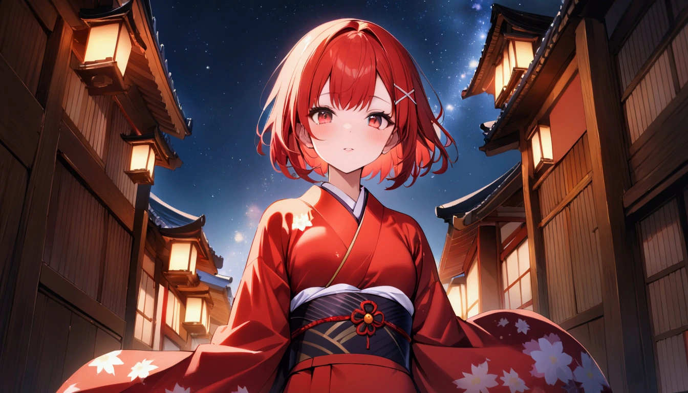 short hair, (Red hair:1.2), x Hair ornament, Red eyes,girl,One person,kimono, Highest quality, masterpiece, High resolution,night、Japan、Japanese style、Starry Sky、