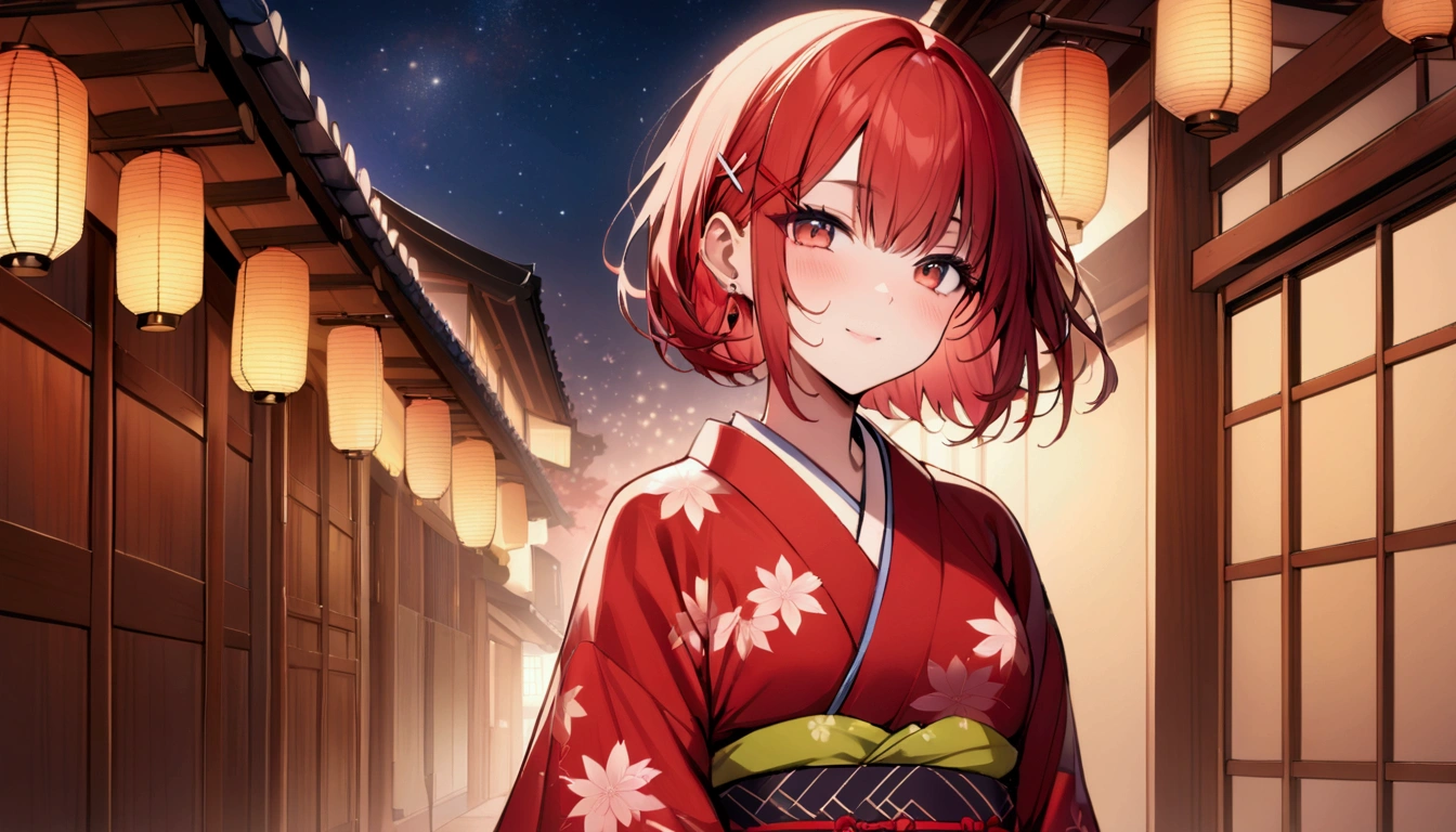 short hair, (Red hair:1.2), x Hair ornament, Red eyes,girl,One person,kimono, Highest quality, masterpiece, High resolution,night、Japan、Japanese style、Starry Sky、