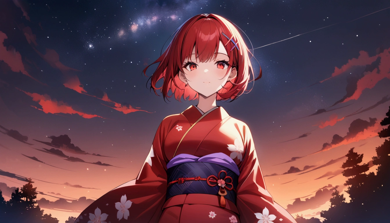 short hair, (Red hair:1.2), x Hair ornament, Red eyes,girl,One person,kimono, Highest quality, masterpiece, High resolution,night、Japan、Japanese style、Starry Sky、