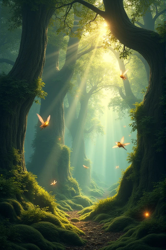 A dense, ancient forest with towering trees covered in moss and vines. The atmosphere is mystical, with beams of sunlight filtering through the foliage. Hidden among the trees, small magical creatures with glowing eyes and ethereal wings can be seen, adding an element of fantasy to the scene.