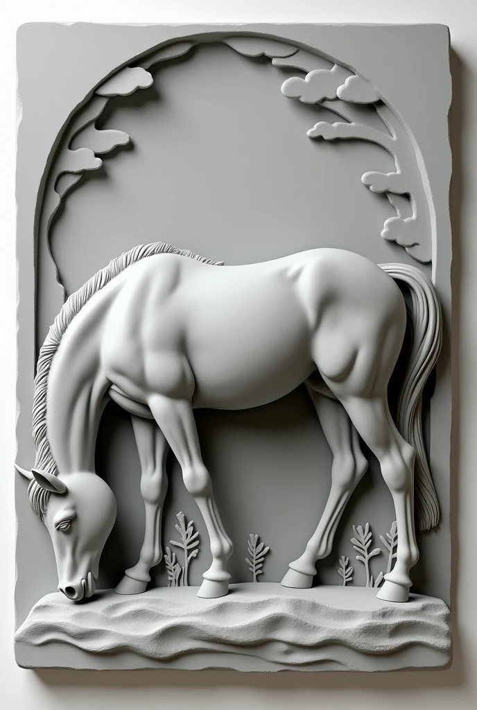 Sculpture en bas-relief en argile grise représentant un cheval qui broute tranquillement 