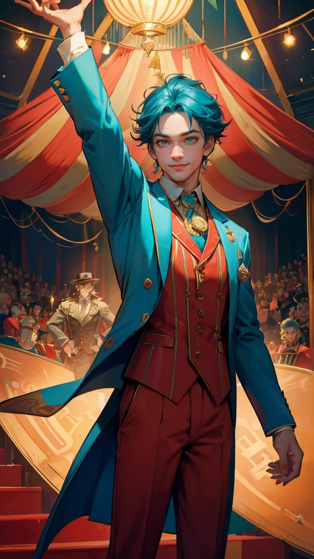 A vibrant and lively scene featuring a charismatic ringmaster performing in a circus. The ringmaster is dressed in an elegant teal and gold suit, smiling confidently as he juggles cards featuring Bitcoin and Ethereum symbols. The stage is set under a grand circus tent with bright lights and an audience in the background. Stacks of Bitcoin coins are placed on the ground around the ringmaster, adding to the grandeur of the performance. Replace the ringmaster character with a beautiful, cute girl while maintaining the same vibrant and lively style, ensuring the new character has similarly styled clothing and a confident pose to fit seamlessly into the scene. The background, lighting, and overall color scheme should remain exactly the same, preserving the festive and dynamic feel of the image.