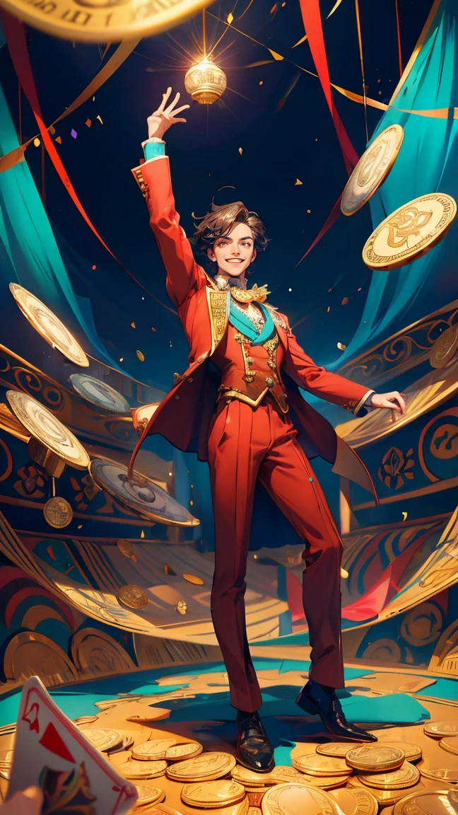 A vibrant and lively scene featuring a charismatic ringmaster performing in a circus. The ringmaster is dressed in an elegant teal and gold suit, smiling confidently as he juggles cards featuring Bitcoin and Ethereum symbols. The stage is set under a grand circus tent with bright lights and an audience in the background. Stacks of Bitcoin coins are placed on the ground around the ringmaster, adding to the grandeur of the performance. Replace the ringmaster character with a beautiful, cute girl while maintaining the same vibrant and lively style, ensuring the new character has similarly styled clothing and a confident pose to fit seamlessly into the scene. The background, lighting, and overall color scheme should remain exactly the same, preserving the festive and dynamic feel of the image.