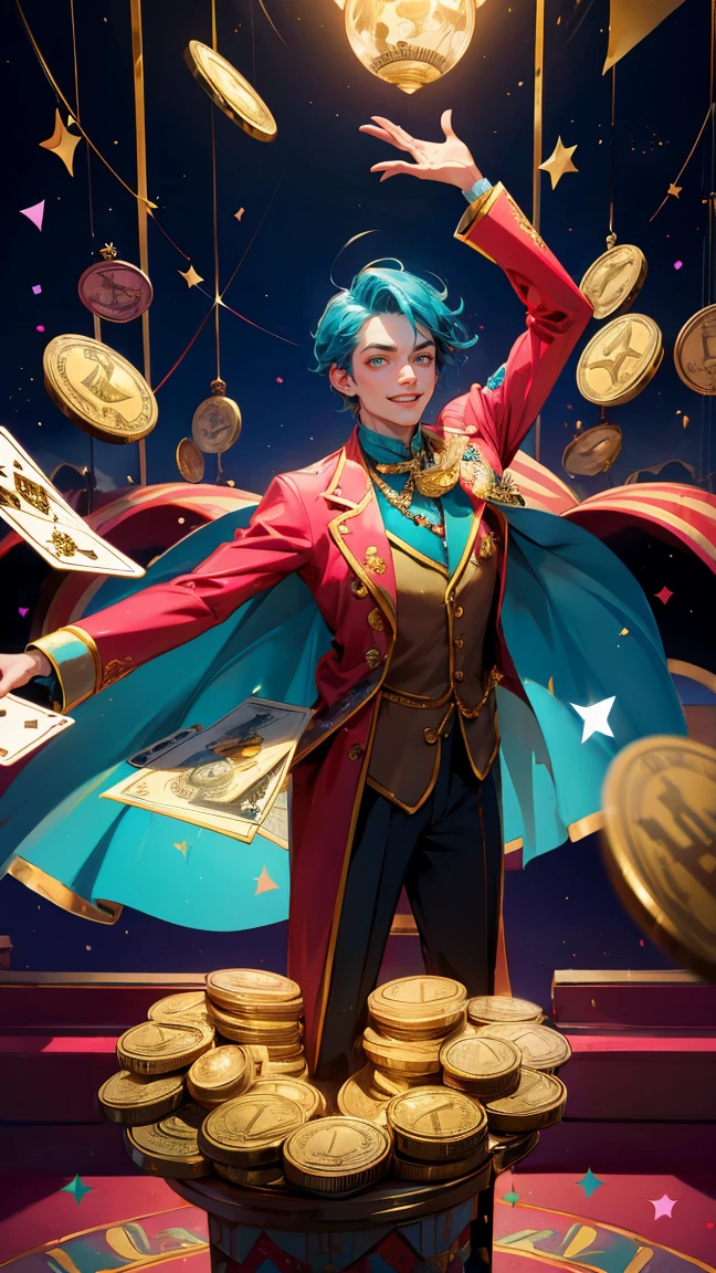 A vibrant and lively scene featuring a charismatic ringmaster performing in a circus. The ringmaster is dressed in an elegant teal and gold suit, smiling confidently as he juggles cards featuring Bitcoin and Ethereum symbols. The stage is set under a grand circus tent with bright lights and an audience in the background. Stacks of Bitcoin coins are placed on the ground around the ringmaster, adding to the grandeur of the performance. Replace the ringmaster character with a beautiful, cute girl while maintaining the same vibrant and lively style, ensuring the new character has similarly styled clothing and a confident pose to fit seamlessly into the scene. The background, lighting, and overall color scheme should remain exactly the same, preserving the festive and dynamic feel of the image.