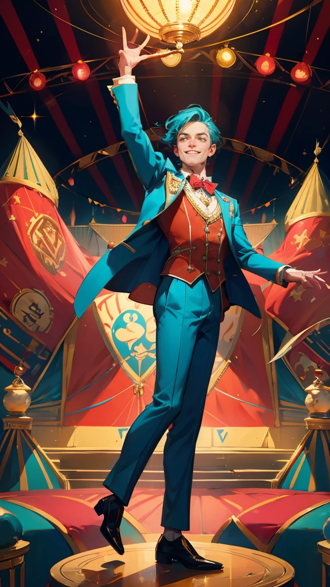 A vibrant and lively scene featuring a charismatic ringmaster performing in a circus. The ringmaster is dressed in an elegant teal and gold suit, smiling confidently as he juggles cards featuring Bitcoin and Ethereum symbols. The stage is set under a grand circus tent with bright lights and an audience in the background. Stacks of Bitcoin coins are placed on the ground around the ringmaster, adding to the grandeur of the performance. Replace the ringmaster character with a beautiful, cute girl while maintaining the same vibrant and lively style, ensuring the new character has similarly styled clothing and a confident pose to fit seamlessly into the scene. The background, lighting, and overall color scheme should remain exactly the same, preserving the festive and dynamic feel of the image.